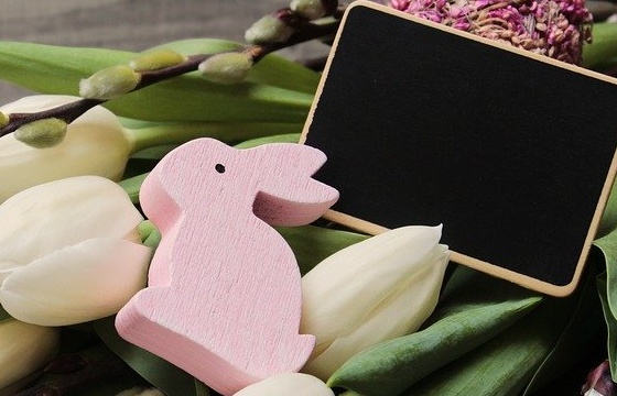 GET | Osterkurse Rosa Osterhase und Schreibtafel auf einem Strauß weißer Tulpen