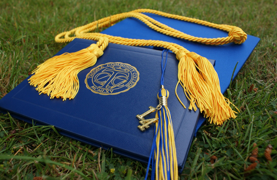 GET | Sprachreise mit Zertifikat Blaue Mappe mit Logo und blauer Hut mit gelbem Band auf einer Wiese